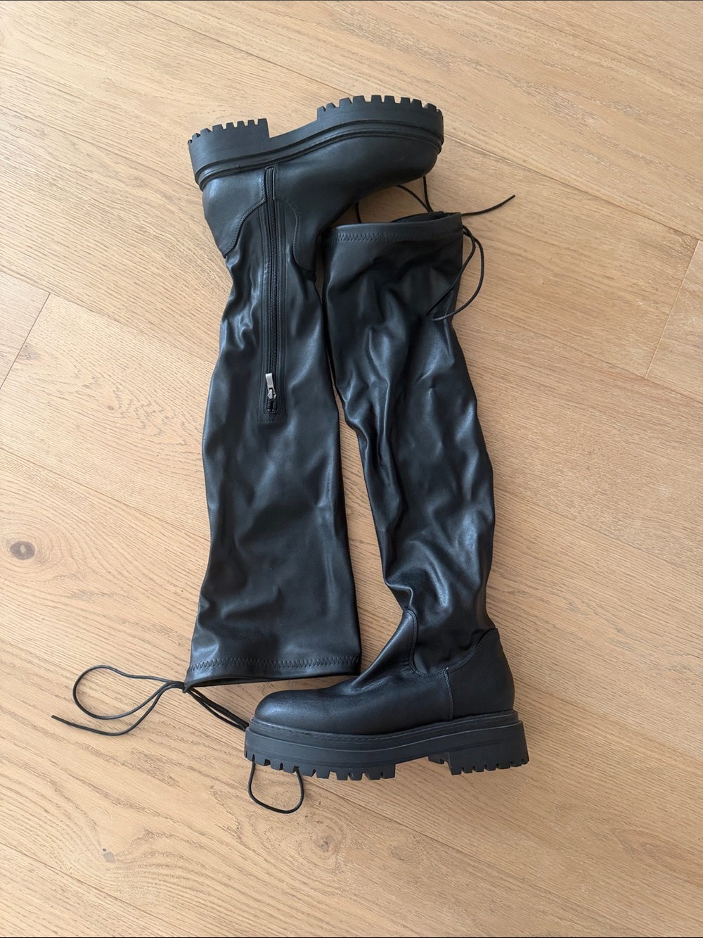 Princess Polly Black Over-The-Knee Lug Sole Boots